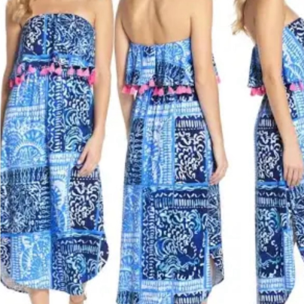 Blue and Green Patterned Cover-Up with Pink Tassels